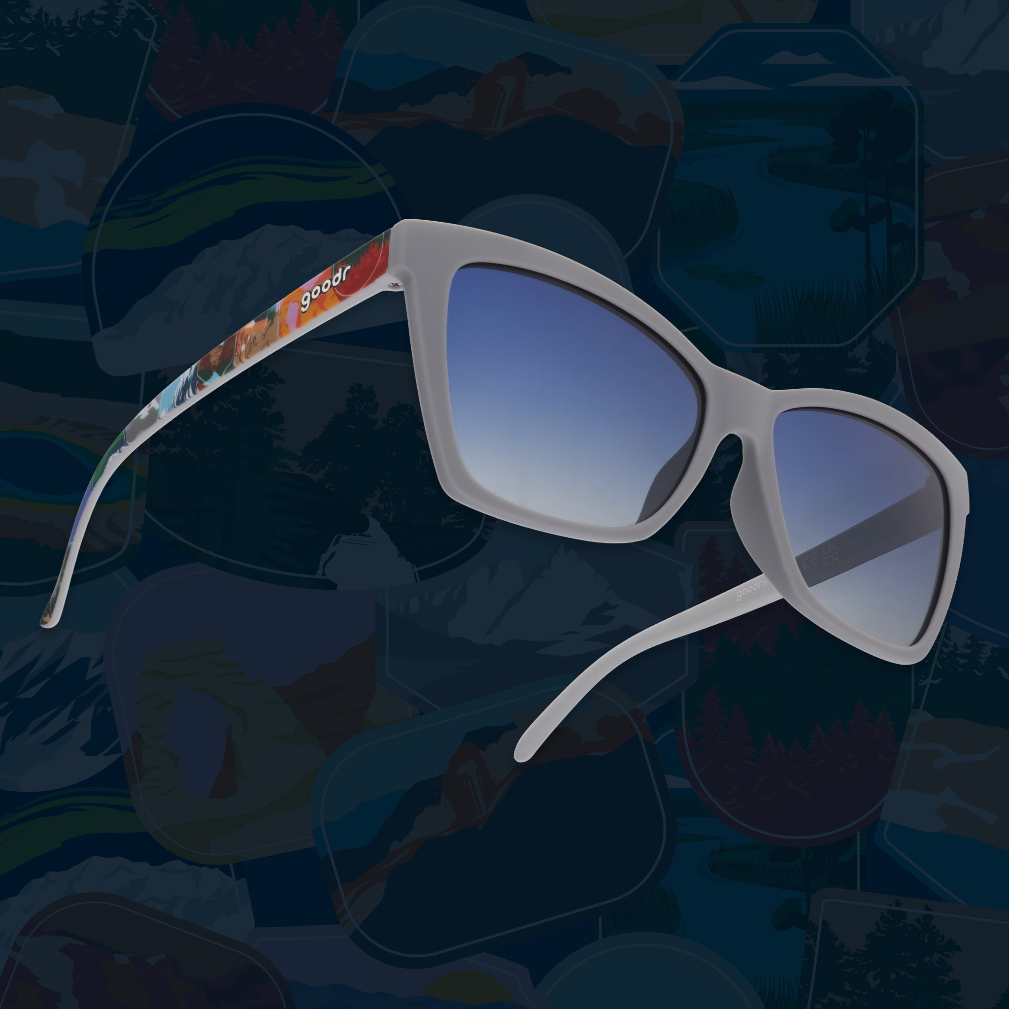 Gray sunglasses with blue gradient lenses and colorful National Park Foundation temple artwork.