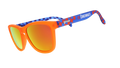 Three-quarter angle view of Major League Soccer FC Cincinnati shades. Orange+blue frames. Burnt orange lenses.