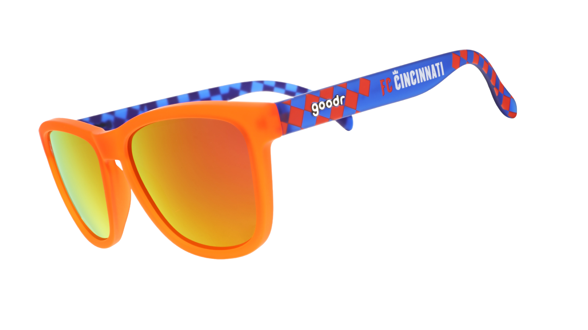 Three-quarter angle view of Major League Soccer FC Cincinnati shades. Orange+blue frames. Burnt orange lenses.