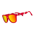 Three-quarter angle view of red shades w/ a Canadian flag pattern+burnt orange reflective lenses on a white background.