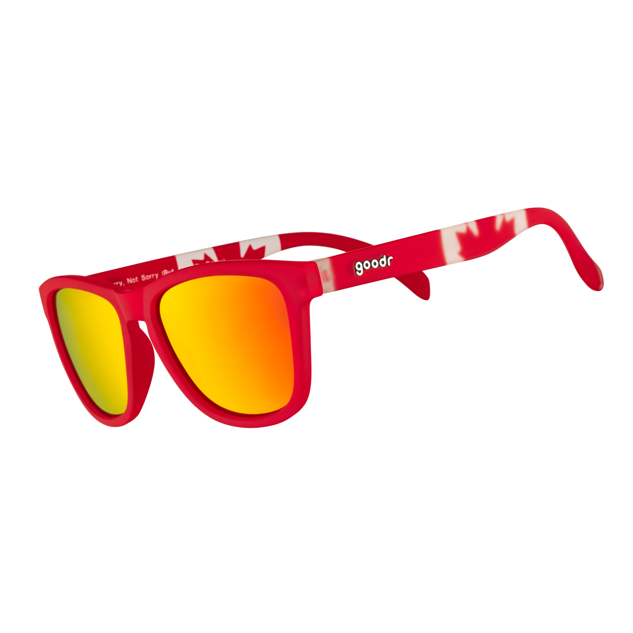 Three-quarter angle view of red shades w/ a Canadian flag pattern+burnt orange reflective lenses on a white background.