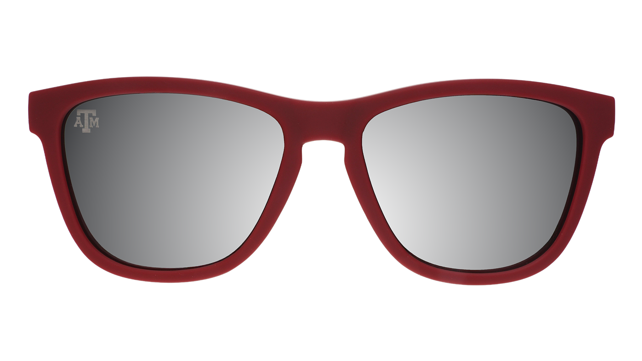Front view of Texas A&M® Aggies™ sunglasses with a burgundy front frame and chrome lenses.