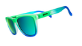 Three-quarter angle view of Seattle Sounders Major League Soccer sunglasses with green-blue frames and green lenses