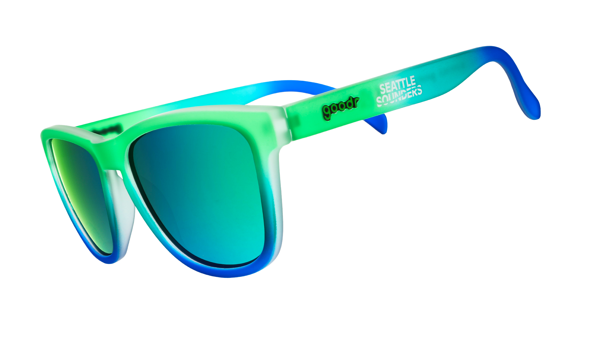 Three-quarter angle view of Seattle Sounders Major League Soccer sunglasses with green-blue frames and green lenses