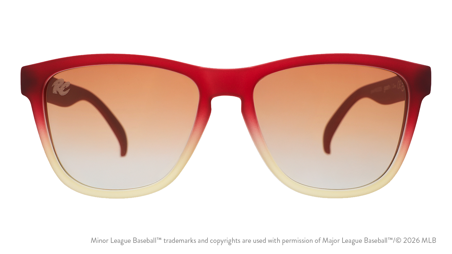Front view of sunglasses. Red + brown front frame. Amber gradient lenses. River Cats logo etching in top corner of lens.