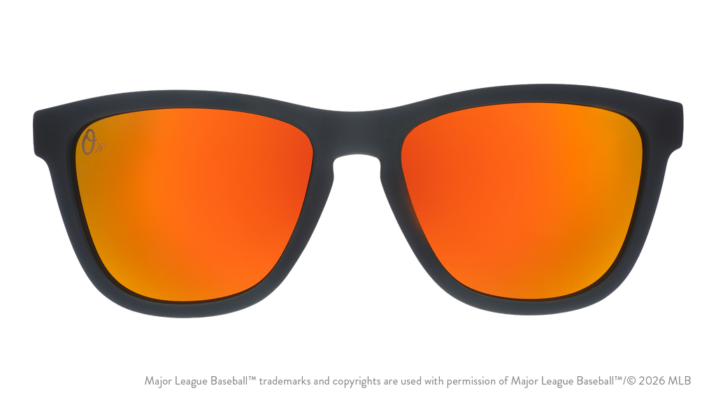 Front view of Orioles sunglasses with a black faceplate and amber reflective lenses featuring an O logo lens etch.