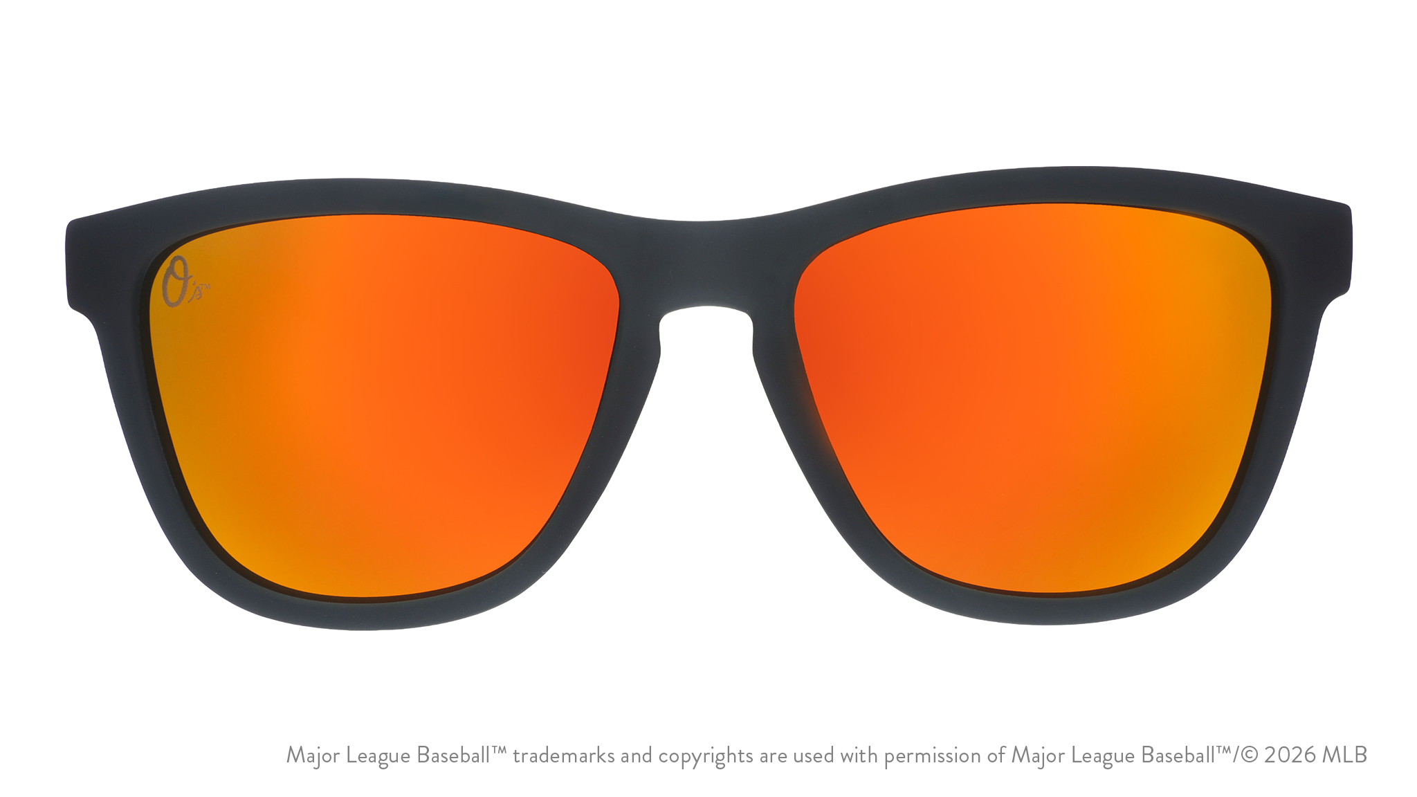 Front view of Orioles sunglasses with a black faceplate and amber reflective lenses featuring an O logo lens etch.