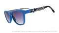 Three-quarter angle view of sunglasses tilted down. Blue frames w/ Rocket City on temples + black gradient lenses.