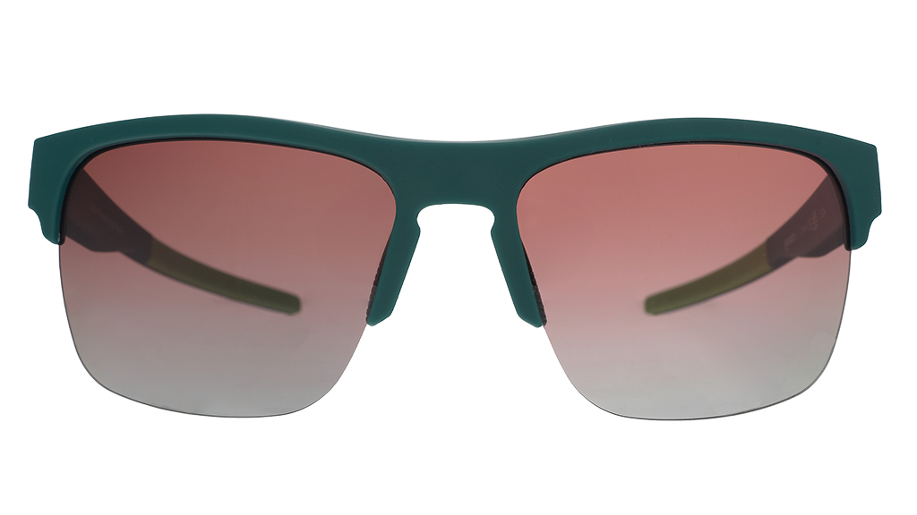 Front view of solid green half-rim sunglasses with polarized rose gradient lenses. The arms extend back, showcasing lime green silicone pieces on the inner arms.