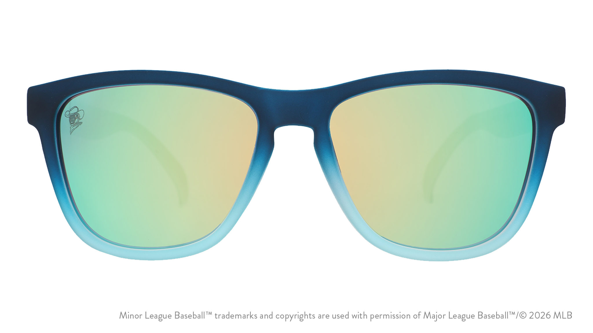 Front view of sunglasses. Blue front frame. Blue reflective lenses. Space Cowboys logo etching in top corner of lens.