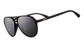 Three-quarter angle view of black aviator sunglasses with black non-reflective lenses.