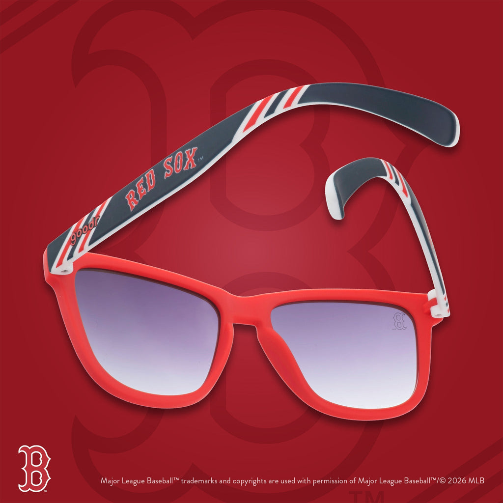 Red, white, and navy shades photographed from behind, floating against a red background with the Boston B logo.
