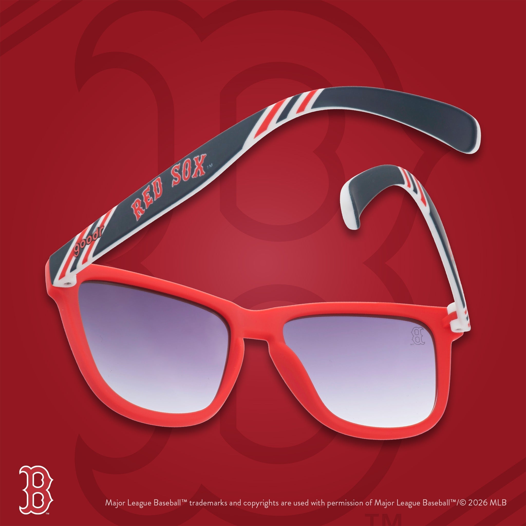Red, white, and navy shades photographed from behind, floating against a red background with the Boston B logo.