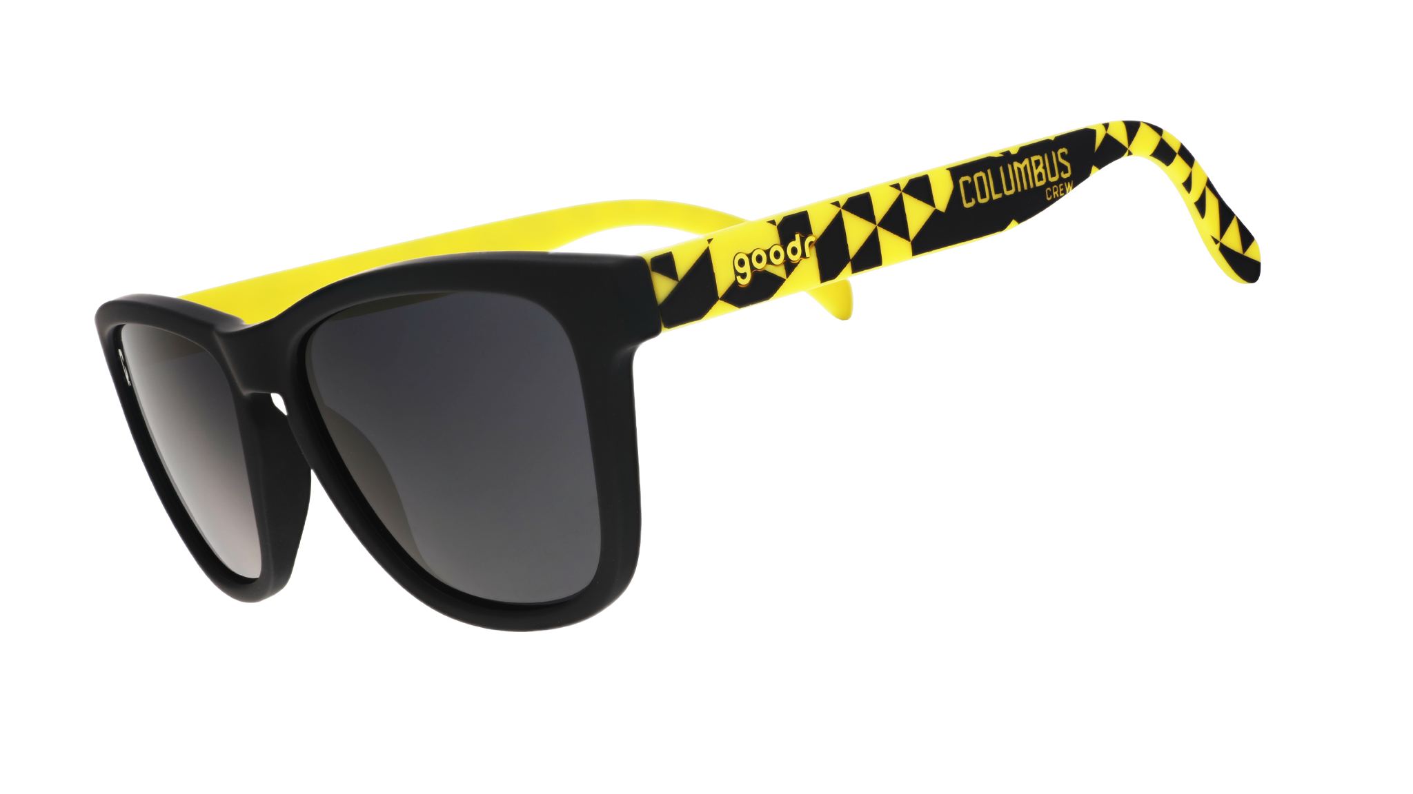 Three-quarter angle view of Major League Soccer Columbus Crew shades. Black+yellow frames. Black non-reflective lenses.
