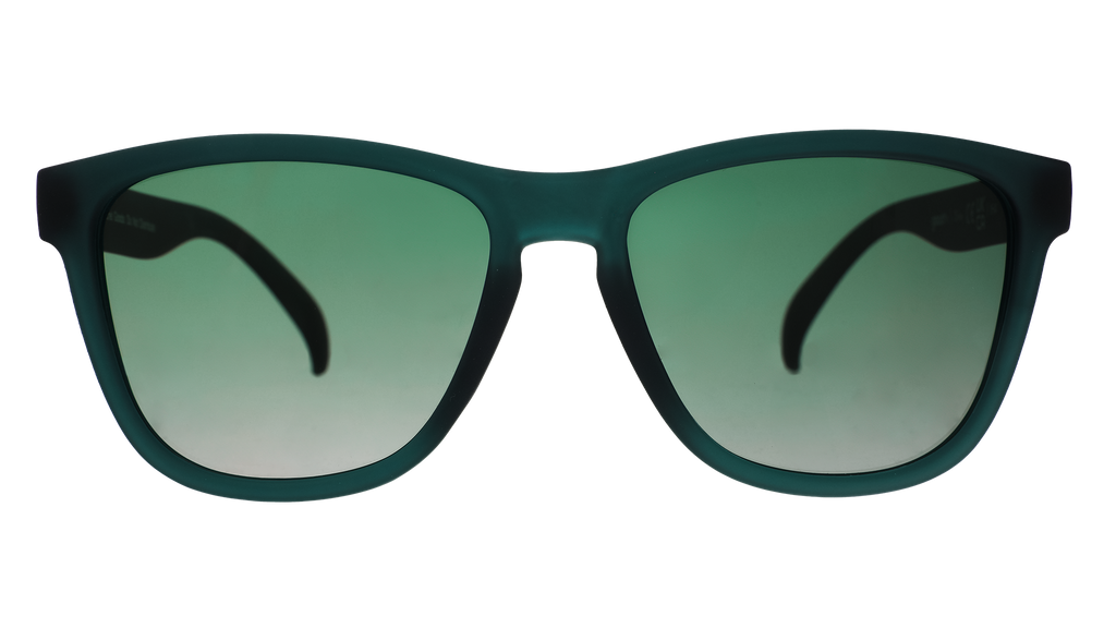 Front view of classic dark teal sunglasses with green gradient lenses.