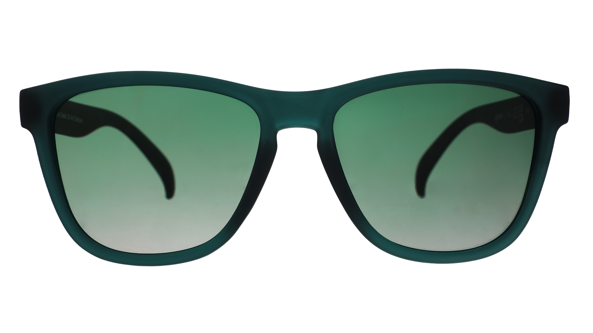 Front view of classic dark teal sunglasses with green gradient lenses.
