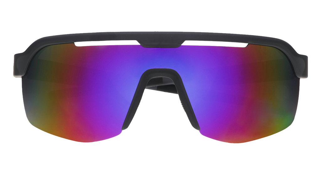 Front view of shield sunglasses. Black front frame with purple reflective wrap lenses on a white background.