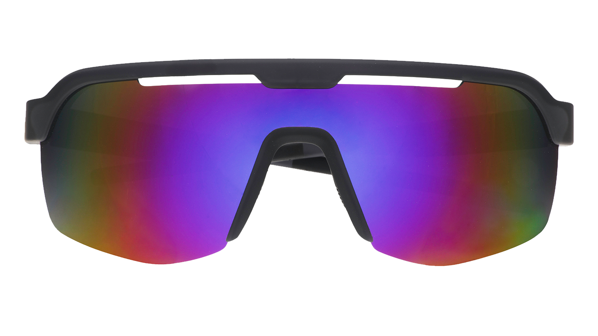 Front view of shield sunglasses. Black front frame with purple reflective wrap lenses on a white background.