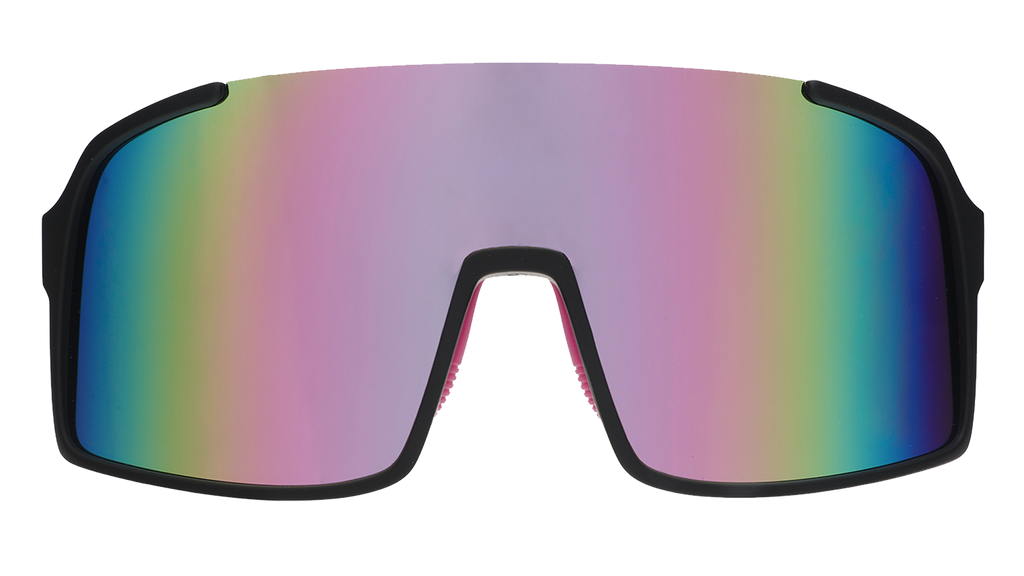 Front view of black wrap sunglasses with purple reflective lenses reminiscent of an oil slick in a parking lot after it rains.