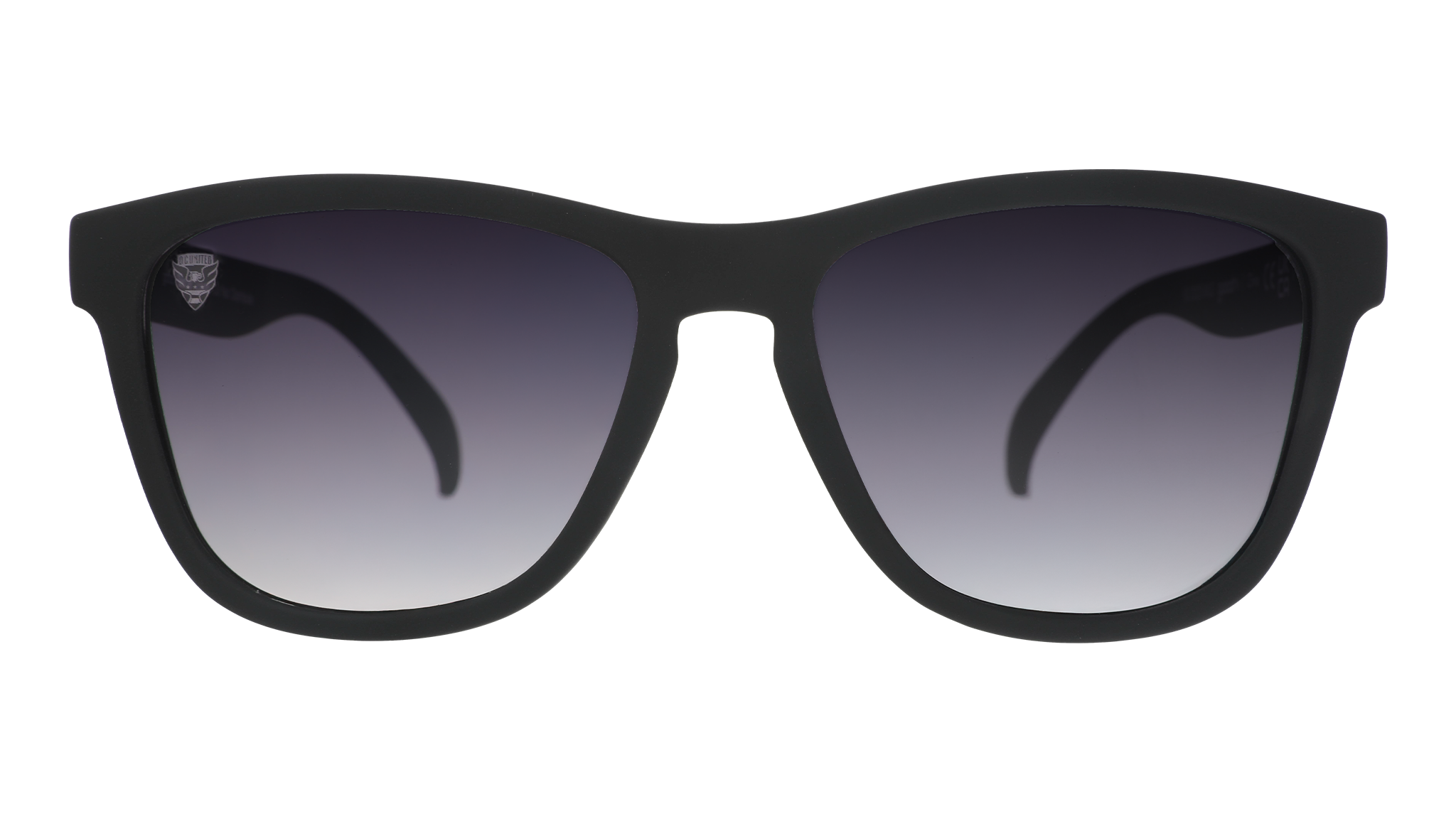 Front view of DC United Major League Soccer sunglasses with black front frames and black lenses.