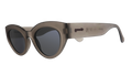 Three-quarter angle view of translucent dark gray, retro-inspired angled cat-eye sunglasses with black non-reflective lenses.