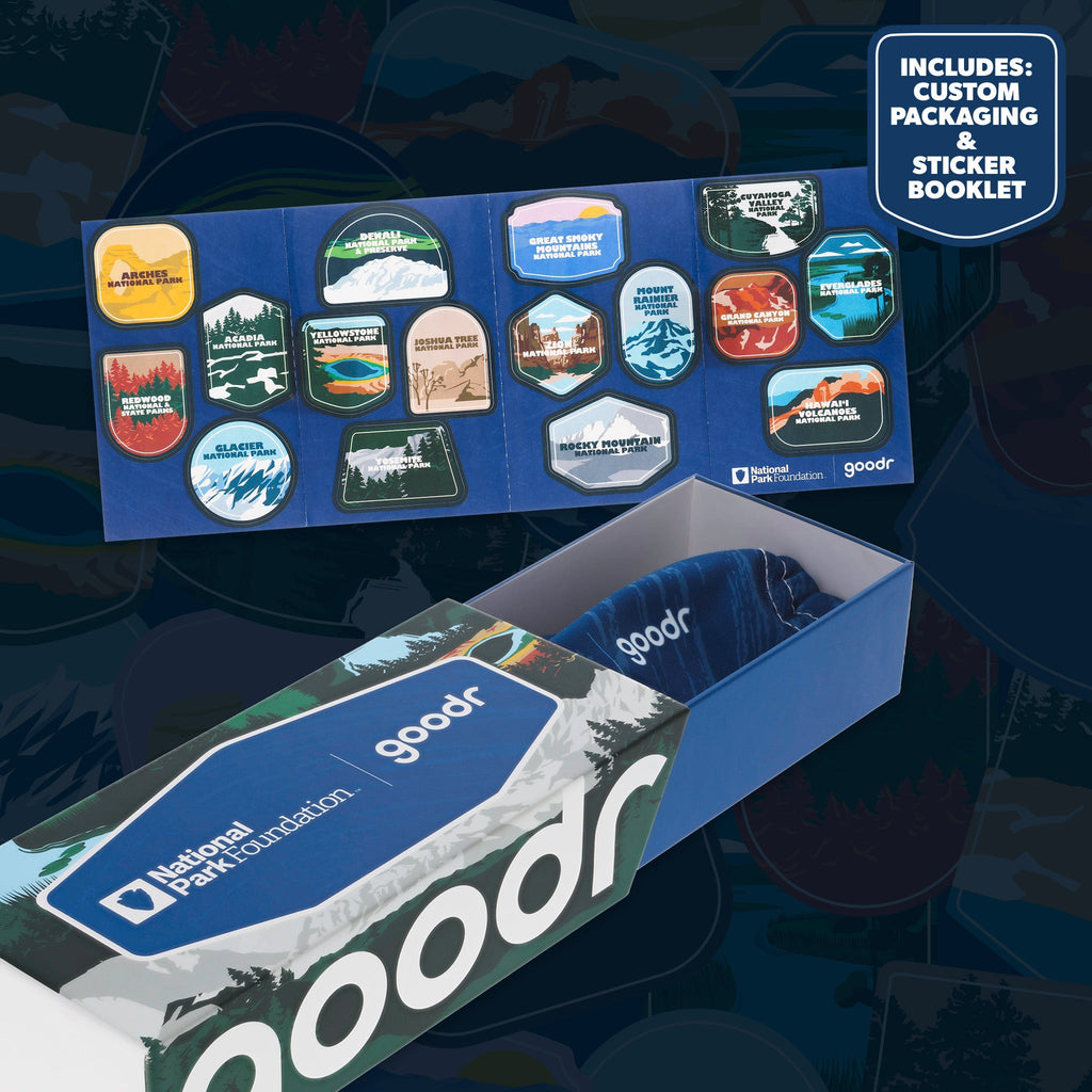 National Park Foundation goodr sunglasses box with custom sticker booklet and matching pouch.