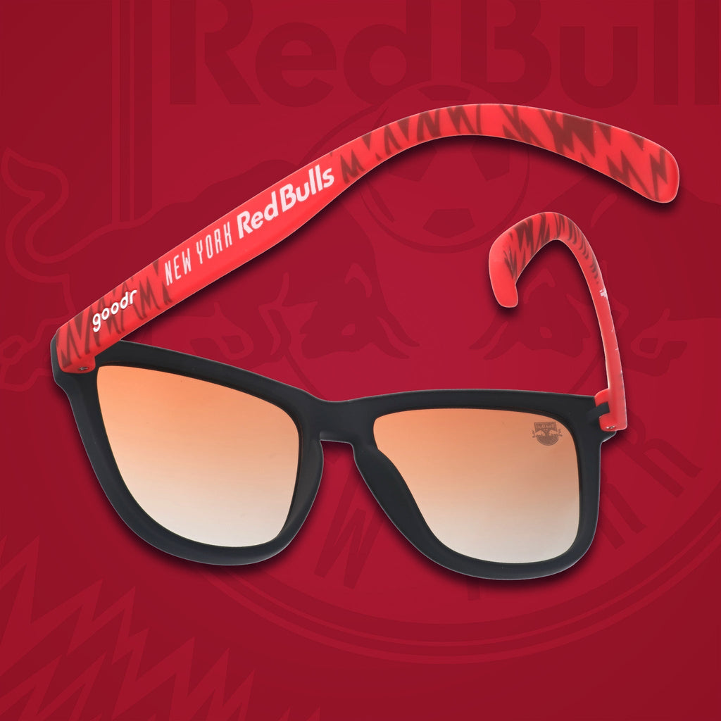 Three-quarter angle back view of MLS New York Red Bulls frames. Red+black frames. Orange+gold gradient lenses.