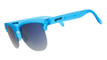 Three-quarter angle view of translucent blue half-rim Avant G sunglasses with blue gradient lenses.