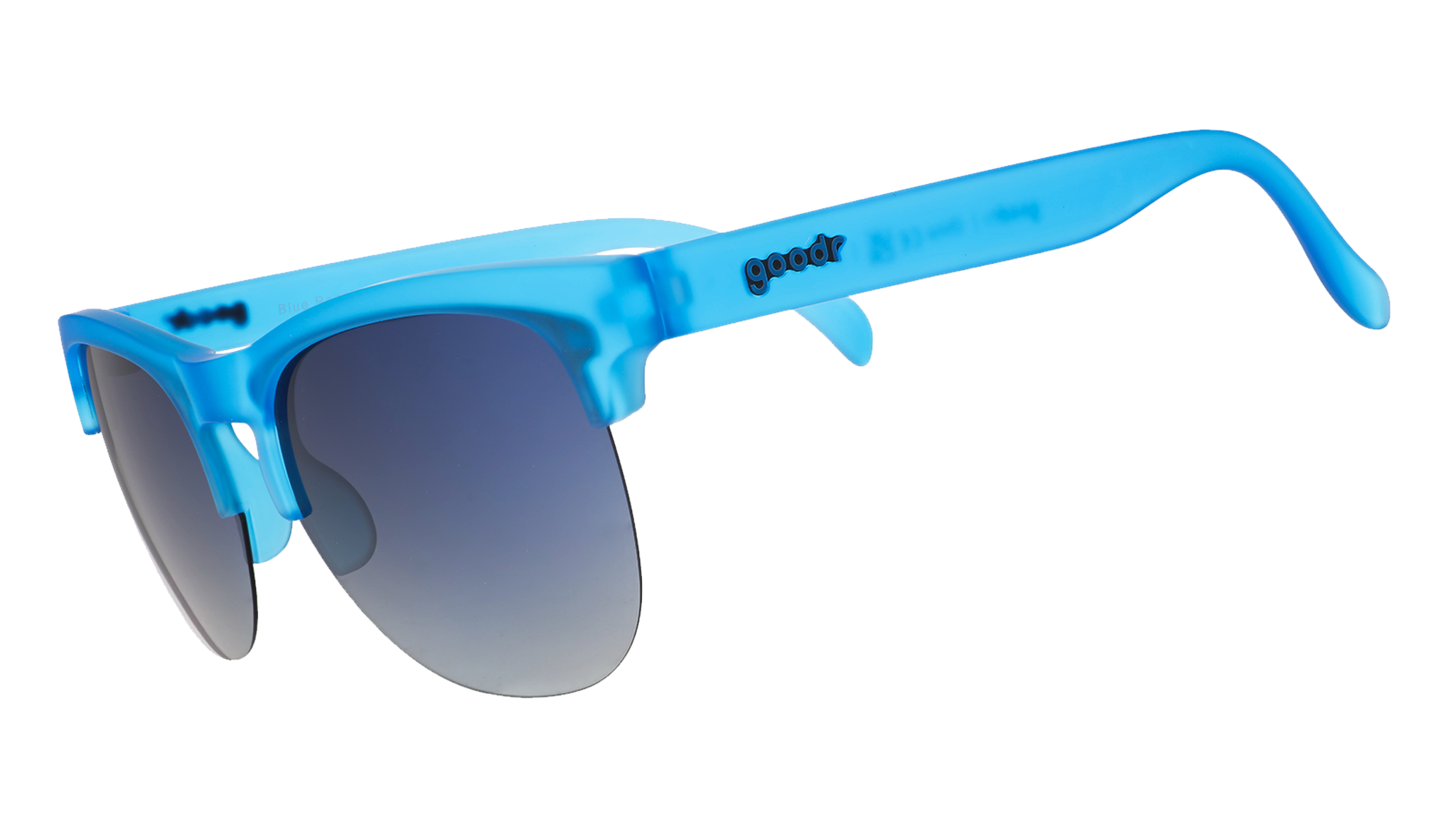 Three-quarter angle view of translucent blue half-rim Avant G sunglasses with blue gradient lenses.