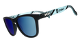 Sunglasses with blue lenses and patterned black and white frame on a white background