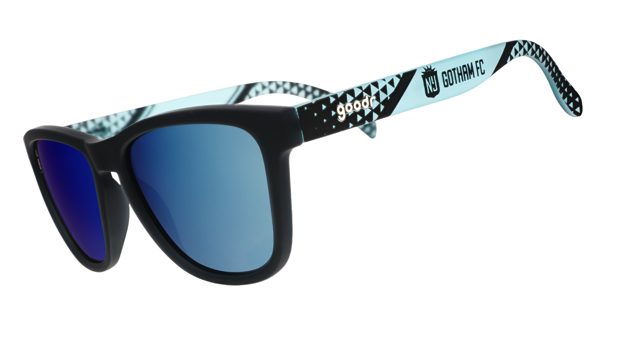 Sunglasses with blue lenses and patterned black and white frame on a white background