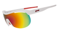Three-quarter view of white wrap shield sunglasses with red accents and fire-red reflective lenses on a white background.