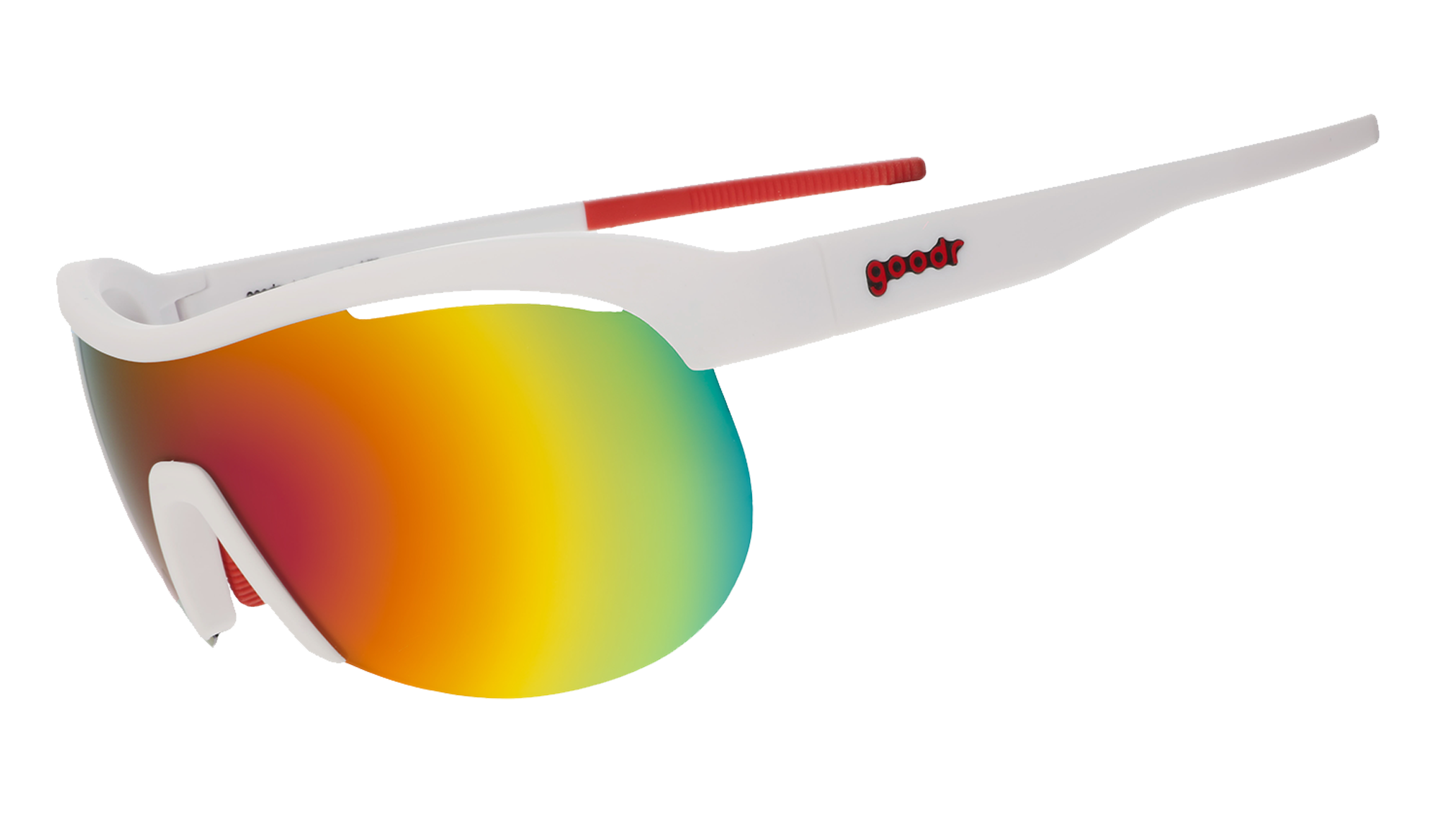 Three-quarter view of white wrap shield sunglasses with red accents and fire-red reflective lenses on a white background.