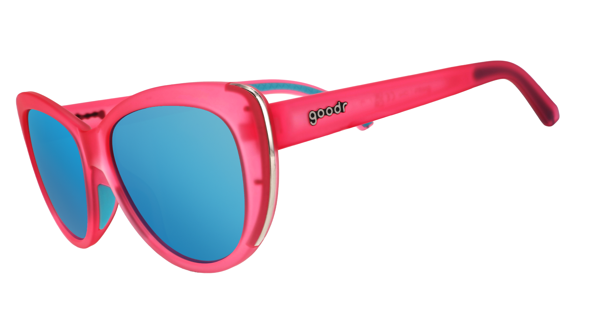 Cat-eye goodr sunglasses with pink frames and blue lenses on a white background.