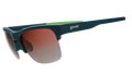 Three-quarter angle view of solid green half-rim sunglasses featuring polarized rose gradient lenses and lime green silicone grips on the inner right arm.