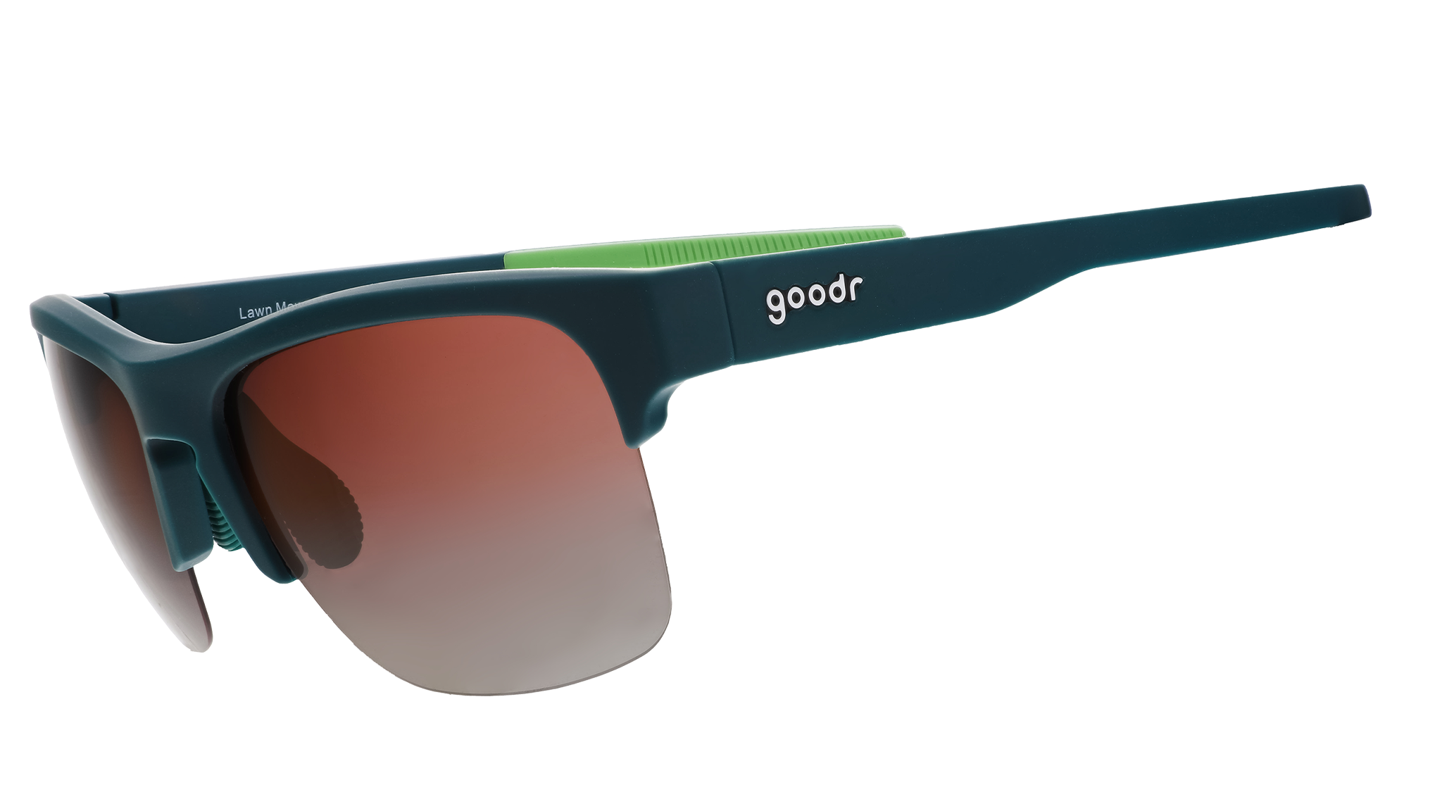 Three-quarter angle view of solid green half-rim sunglasses featuring polarized rose gradient lenses and lime green silicone grips on the inner right arm.