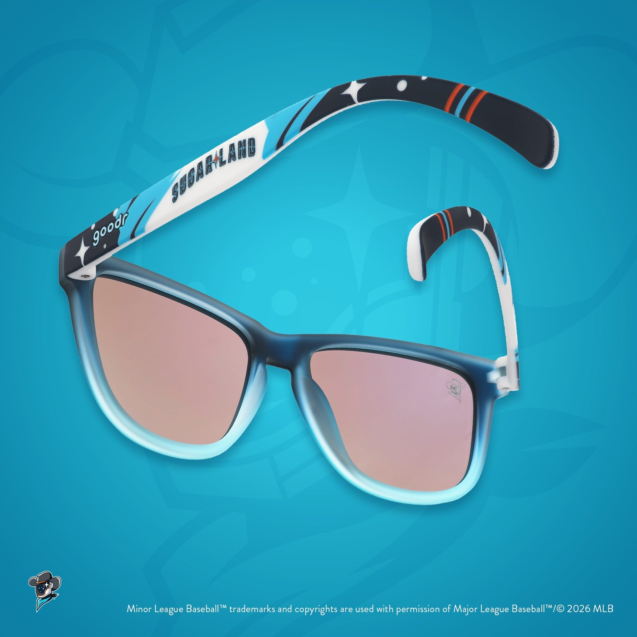Back view of sunglasses. Blue frames w/ stars, Sugar Land on temples + blue reflective lenses.