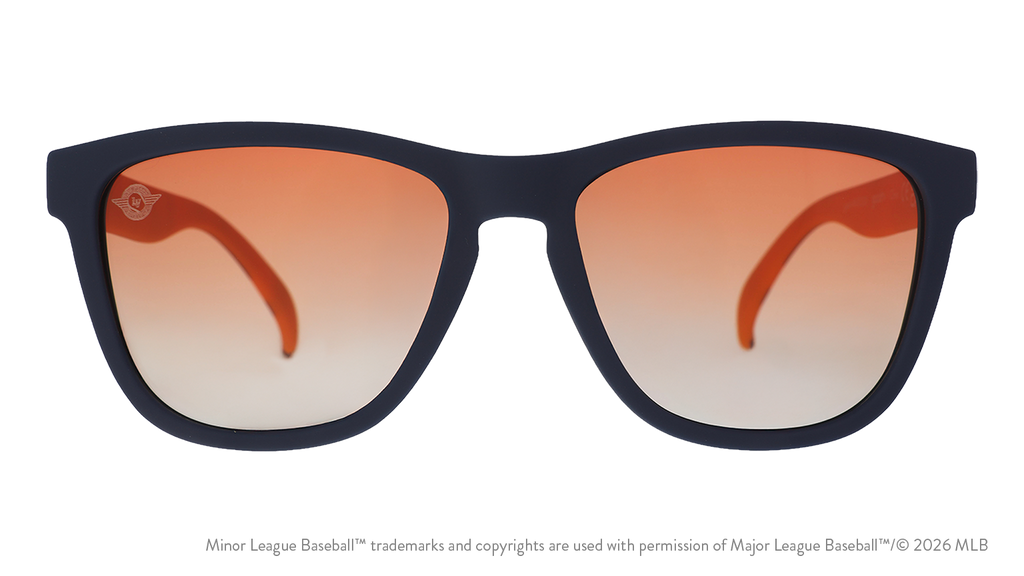 Front view of shades. Solid blue front frame. Orange gold gradient lenses. Aviators logo etching in top corner of lens.