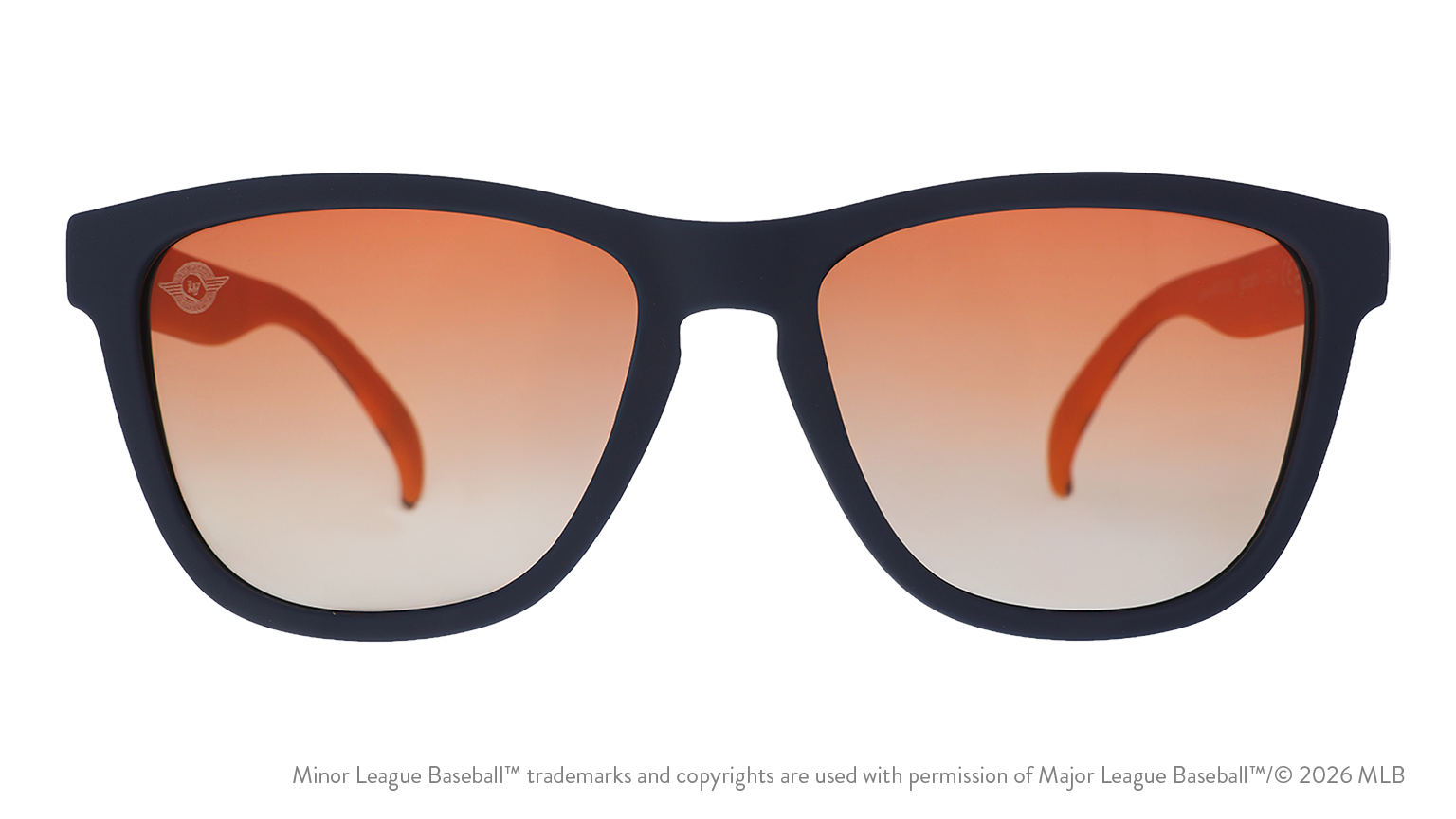 Front view of shades. Solid blue front frame. Orange gold gradient lenses. Aviators logo etching in top corner of lens.