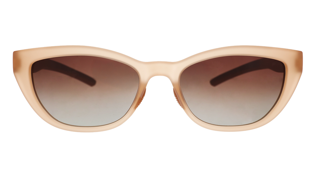 Front angle view of a pair of translucent brown cat-eye Cheetah Gs with brown gradient lenses.