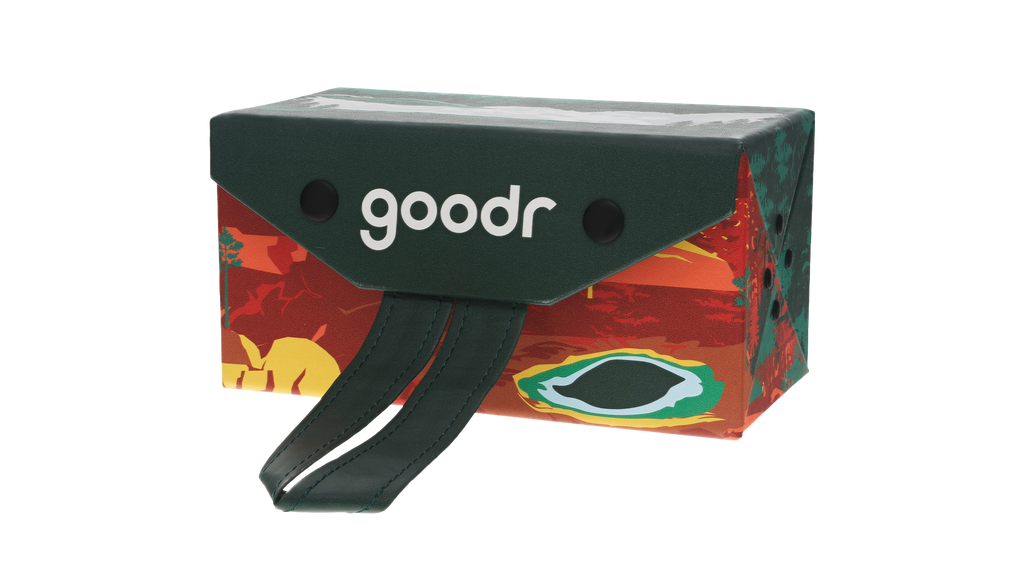 Closed National Park Foundation & goodr foldable sunglasses case with snap closure and forest-inspired artwork.