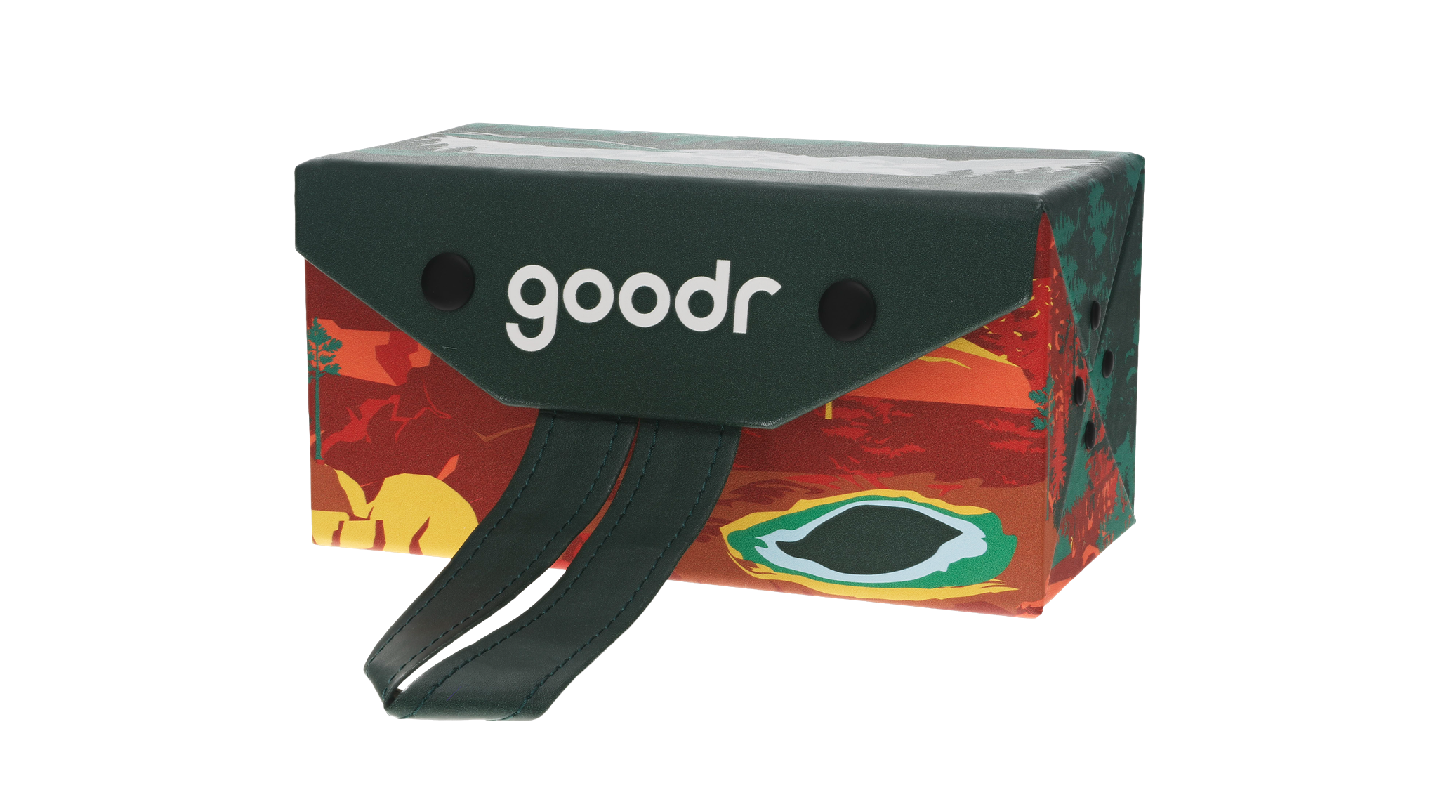Closed National Park Foundation & goodr foldable sunglasses case with snap closure and forest-inspired artwork.