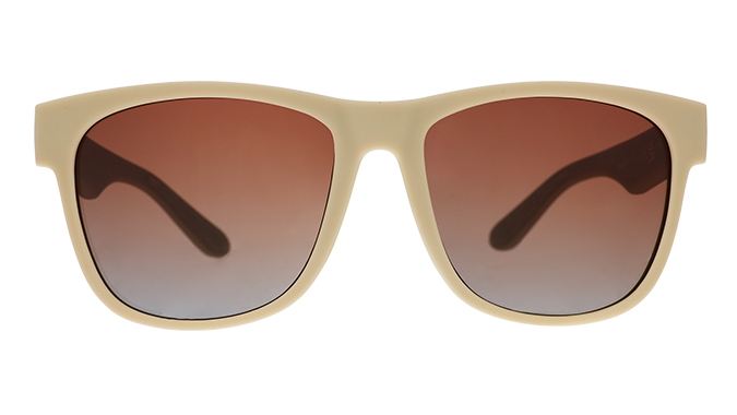 A pair of square sunglasses with tan frames and burnt orange lenses.