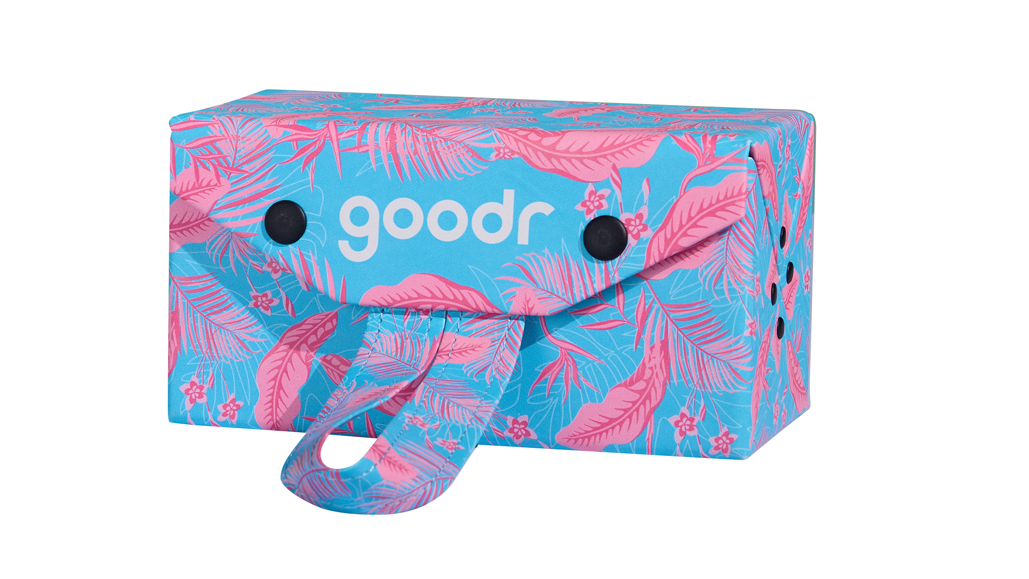 Three-quarter angle view of a rectangular hard cloth sunglasses case. The case features a tropical pink and blue design and has a carrying loop.