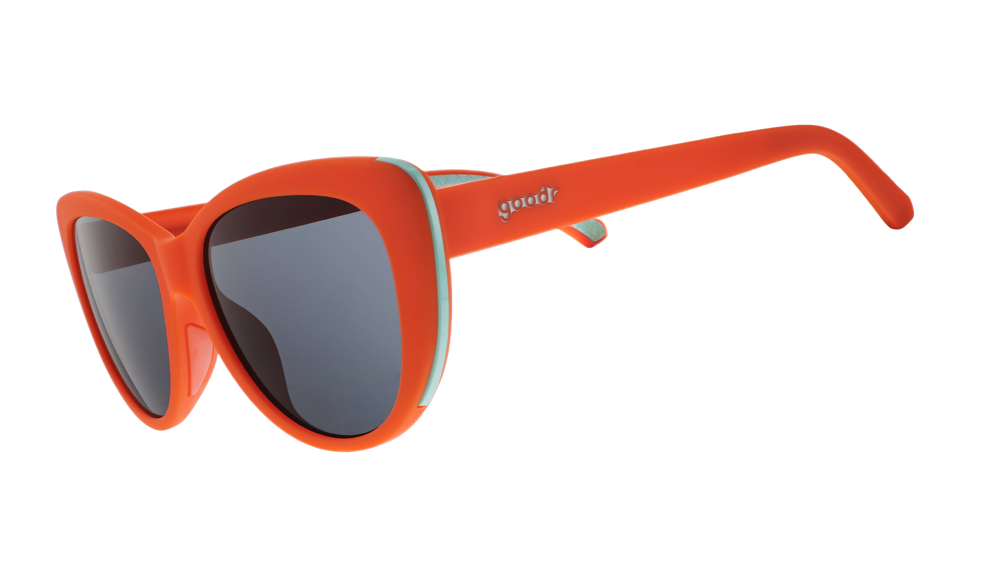 Three-quarter angle view of red cat-eye sunglasses with black non-reflective lenses.