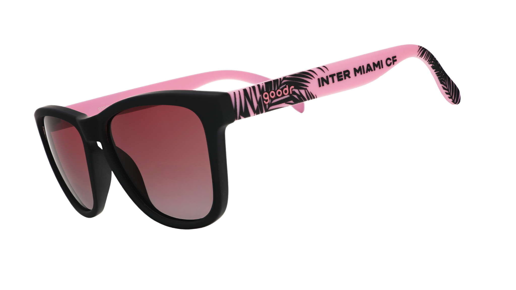 Three-quarter angle view of Inter Miami CF Major League Soccer sunglasses with black and pink frames and rose lenses.