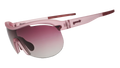 Three-quarter angle view of translucent purple wrap shield sunglasses with gradient purple lenses against a white background.