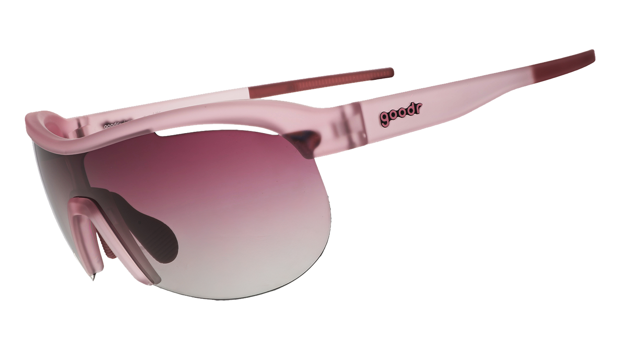Three-quarter angle view of translucent purple wrap shield sunglasses with gradient purple lenses against a white background.