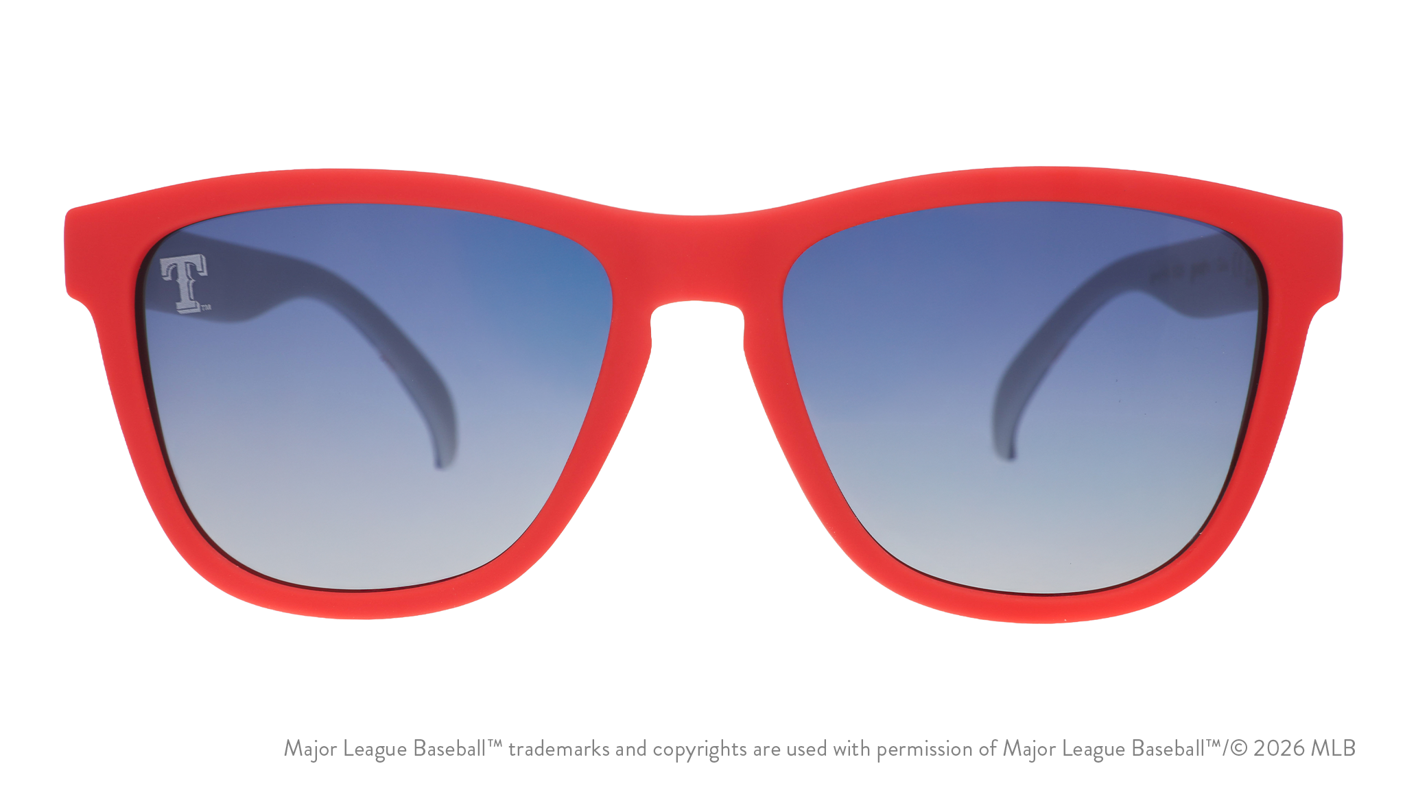 Front view of Rangers sunglasses with a red faceplate and blue gradient lenses featuring a T etched on the left side lens.