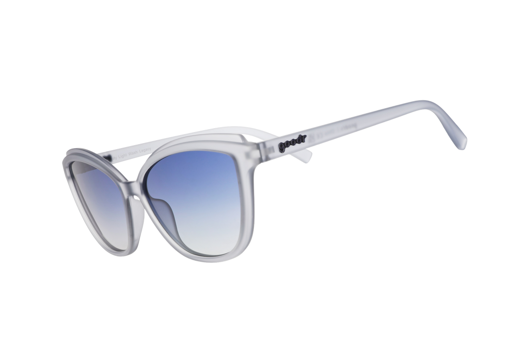 Sunglasses with gradient blue lenses on a white background